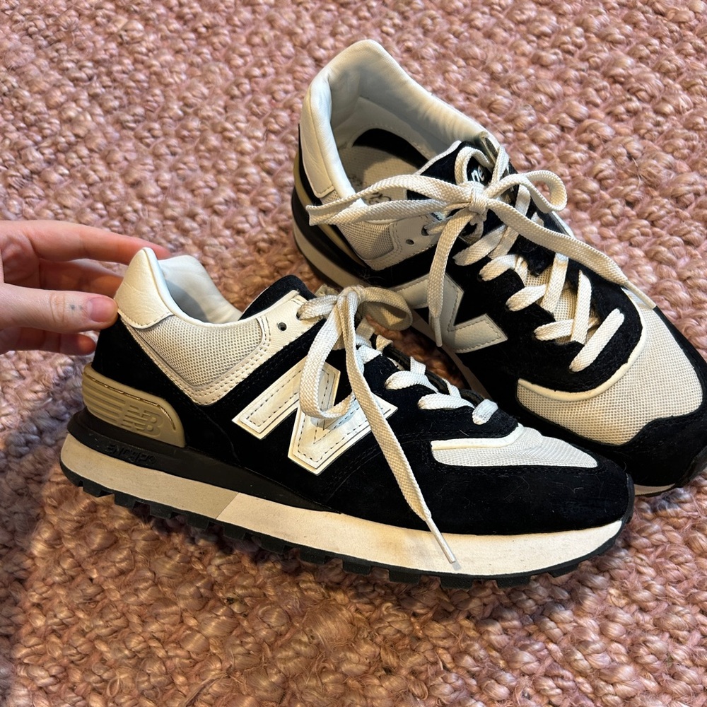 New balance 574 black white tan sneakers